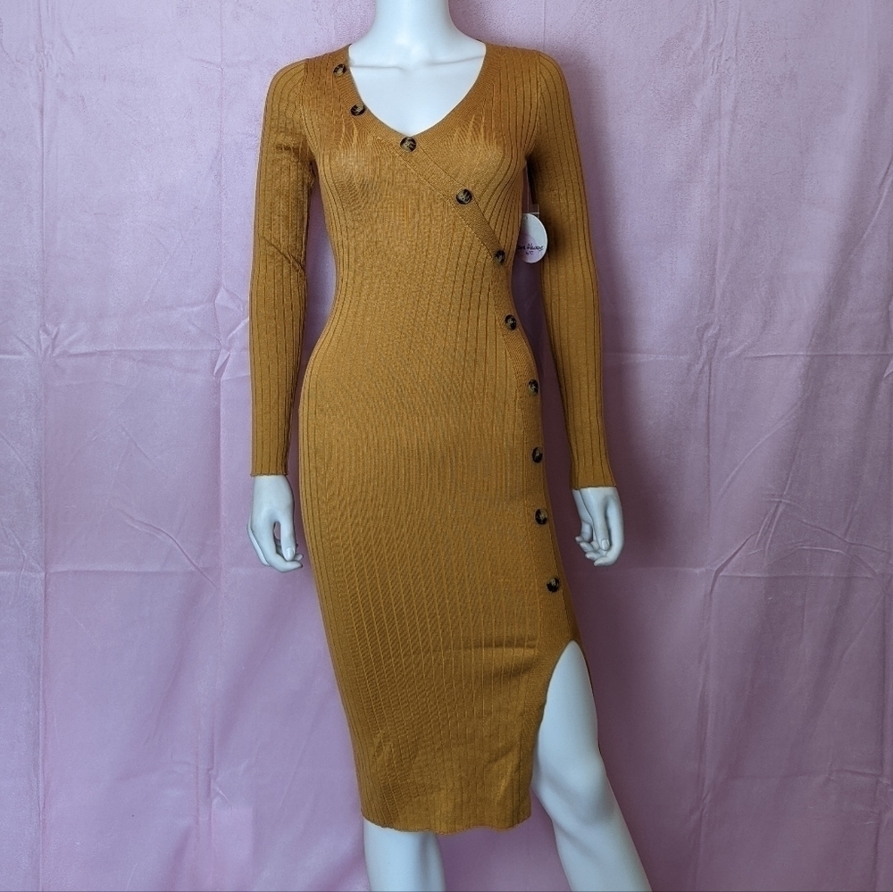 Love Always V Neck Button Detail Split Front Long Sleeve Midi Dress in Yellow